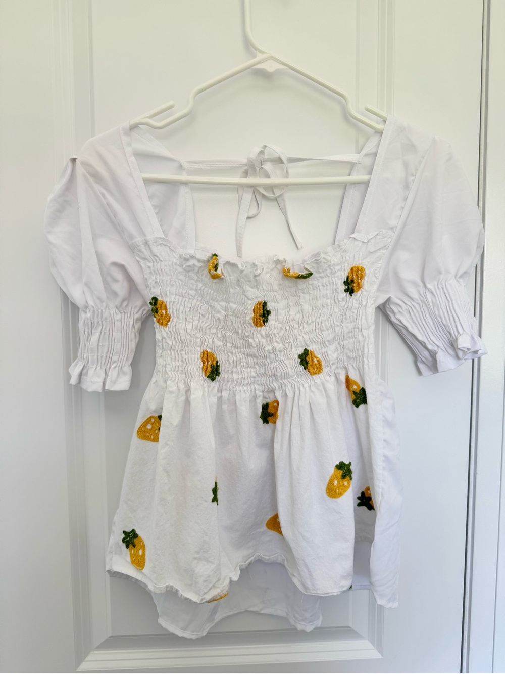 Smocked White Puff Sleeve Top with Yellow Pineapple Embroidery